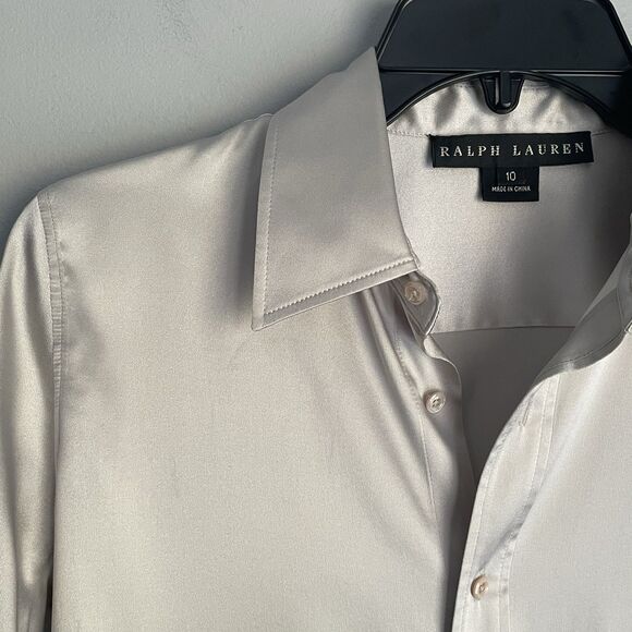 Ralph Lauren Black Label Silk Blouse Sz 10 Gray Button-Up Long Sleeve Shimmer - Picture 7 of 16